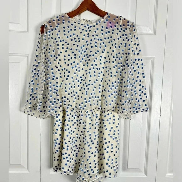 Lovers and Friends Blue and Cream Polka Dot Short Pants Romper - Picture 4 of 11